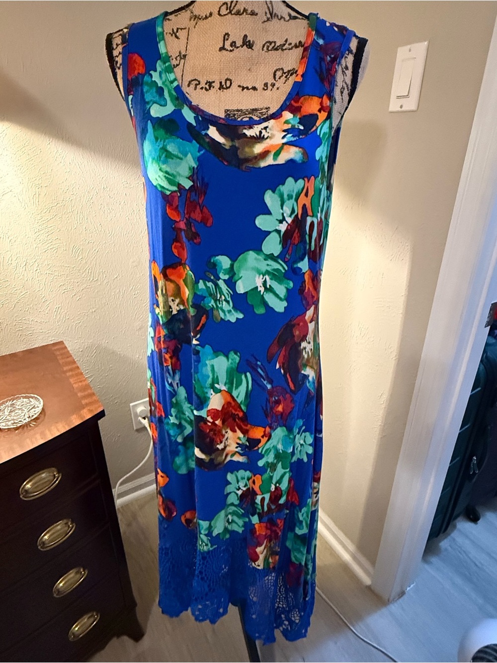Cupio Royal Blue Floral Maxi Dress with Green & Orange Accents - worn once. XL